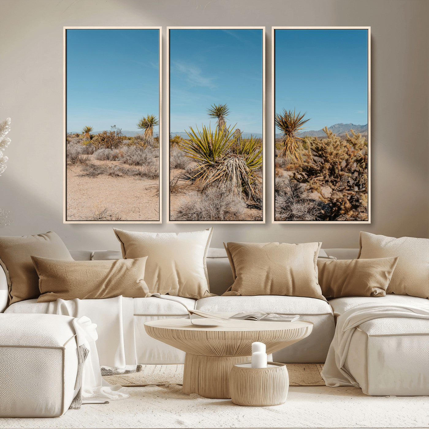 35156165-MGV-FC-48X32-3P_Natural-Joshua Tree Wall Art Canvas Print, Framed Desert Landscape Art Picture Print, Warm Earth Tones Perfect Southwestern Minimalist