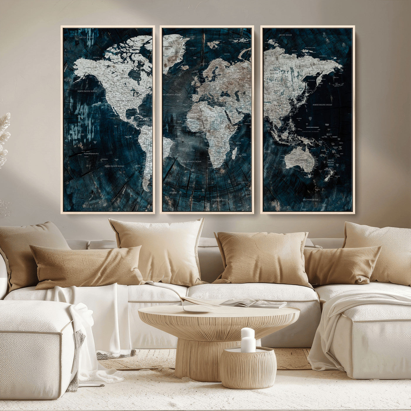 34425609-MGV-FC-48X32-3P_Natural-World Map Wall Art – Rustic Navy and Grey Atlas Canvas Print, Distressed Explorer Map Artwork, Industrial Style Decor for Office,