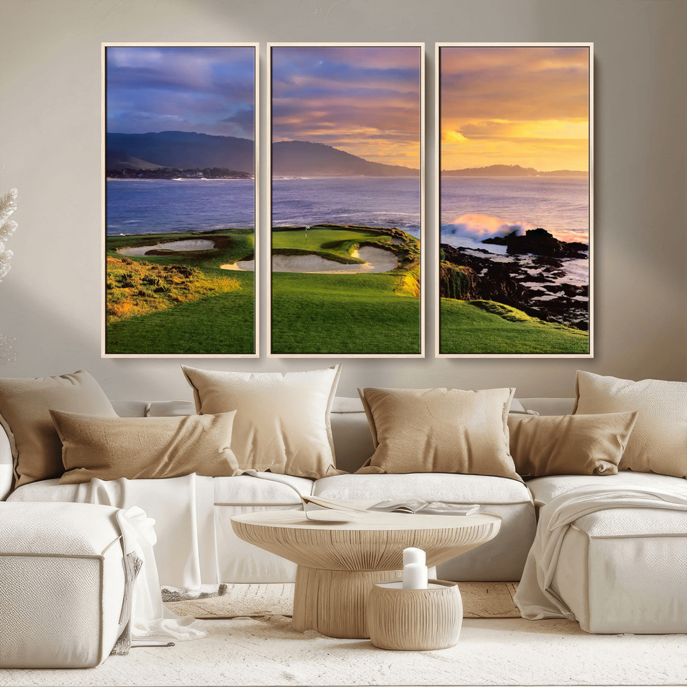39644075-MGV-FC-48X32-3P_Natural-Golf Course Wall Art – Coastal Sunset Canvas Print, Scenic Oceanfront Fairway Landscape Decor for Office, Man Cave, or Living Room