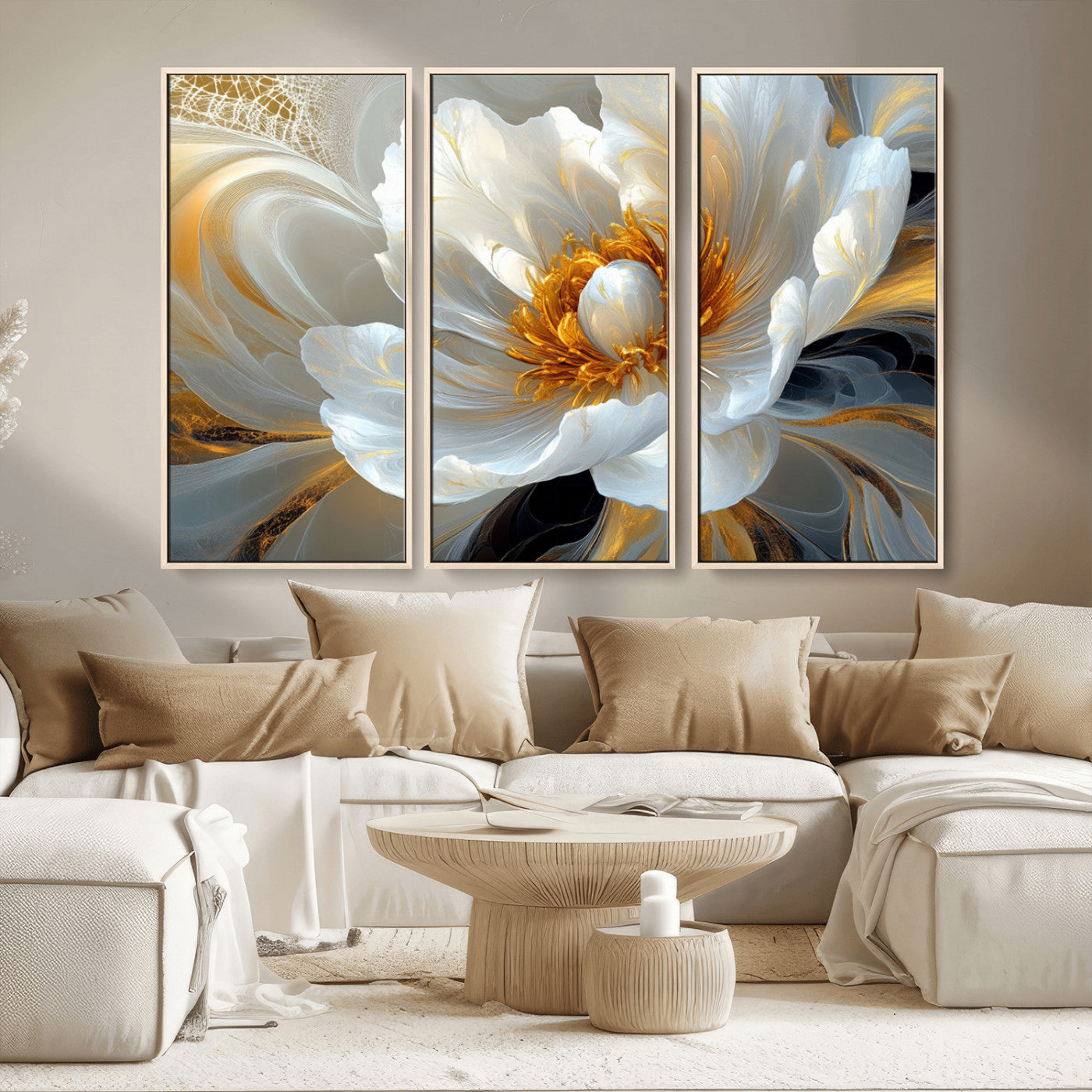 39604126-MGV-CV-36X24-Abstract Flower Wall Art – Elegant White and Gold Bloom Canvas Print, Modern Floral Artwork for Bedroom, Living Room, or Office