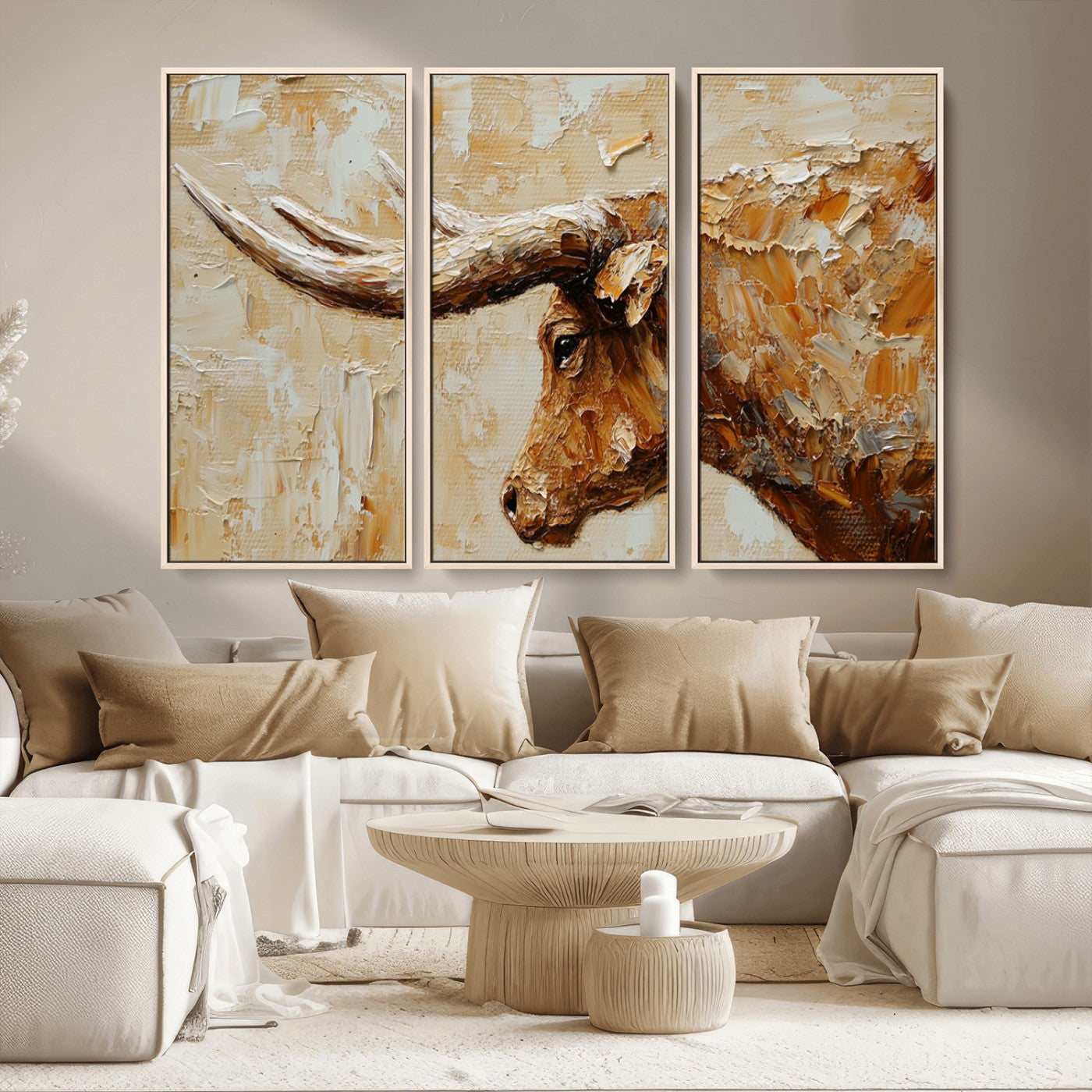 69611428-MGV-CV-36X24-Longhorn Bull Wall Art – Rustic Western Canvas Print, Textured Farmhouse Cattle Painting for Living Room, Office, or Ranch House
