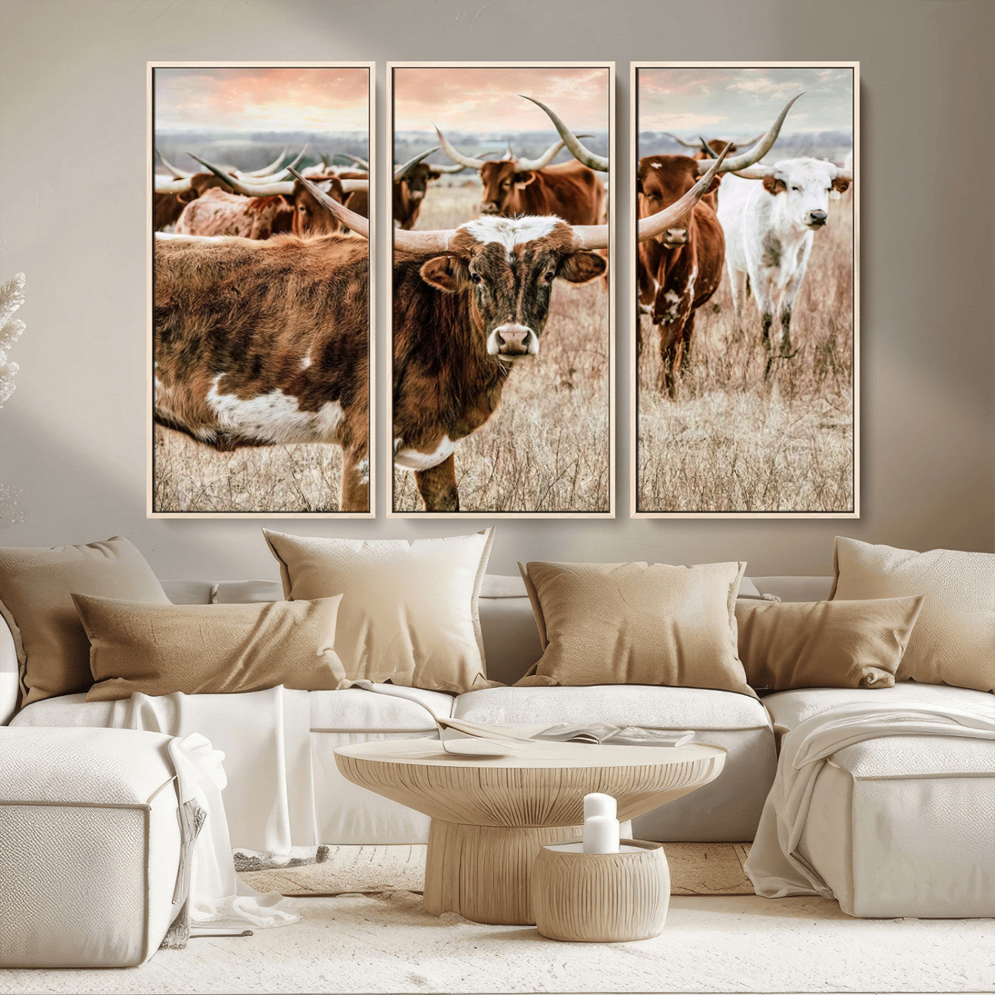 47758300-MGV-CV-36X24-Texas Longhorn Cattle Wall Art – Rustic Western Herd Canvas Print, Cowboy Ranch Farmhouse Decor for Living Room, Office, or