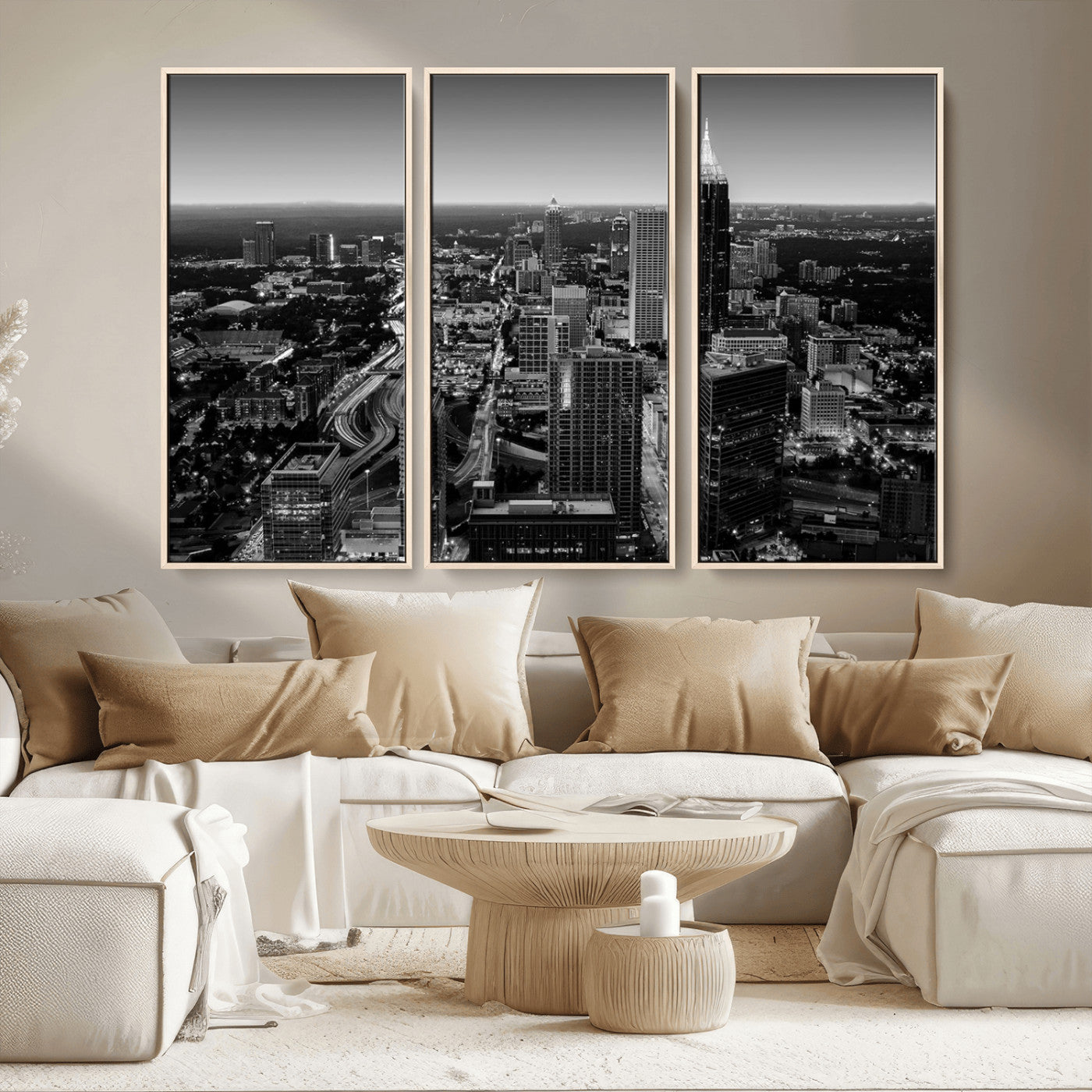 46578567-MGV-CV-36X24-Atlanta Skyline Wall Art – Black and White Cityscape Canvas Print, Modern Urban Night Decor for Office, Living Room, or Apartment