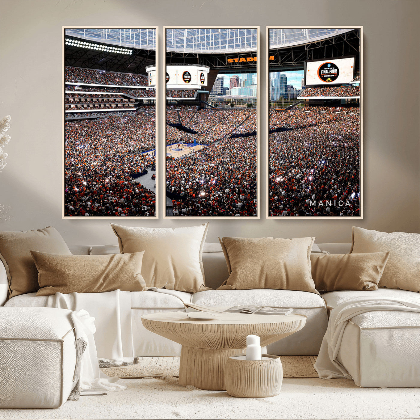 38616413-MGV-FC-48X32-3P_Natural-Chicago Dome Stadium Wall Art – Futuristic Basketball Final Four Arena Canvas Print, Modern Sports Fan Decor for Man Cave or