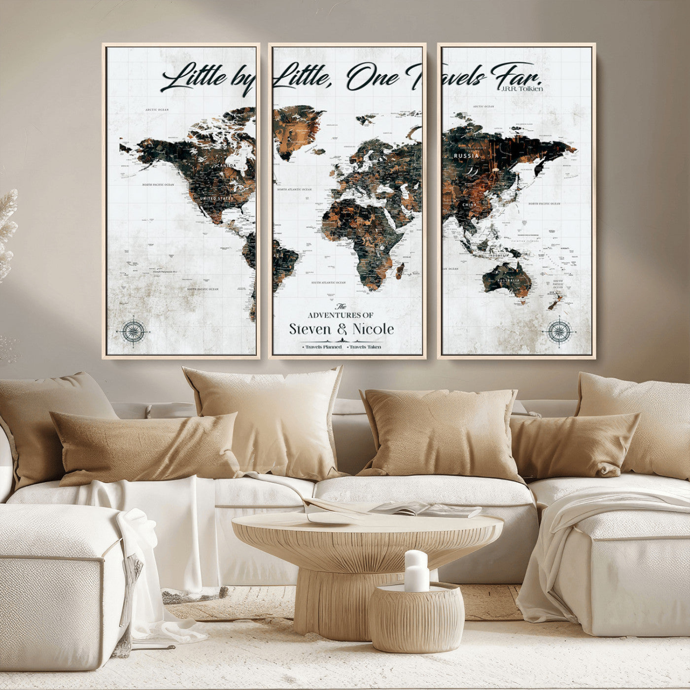 88337180-MGV-CV-36X24-Little by Little One Travels Far Tolkien Quote World Map Rustic Black Brown Adventure Wall Art Canvas Print for Home Office Living