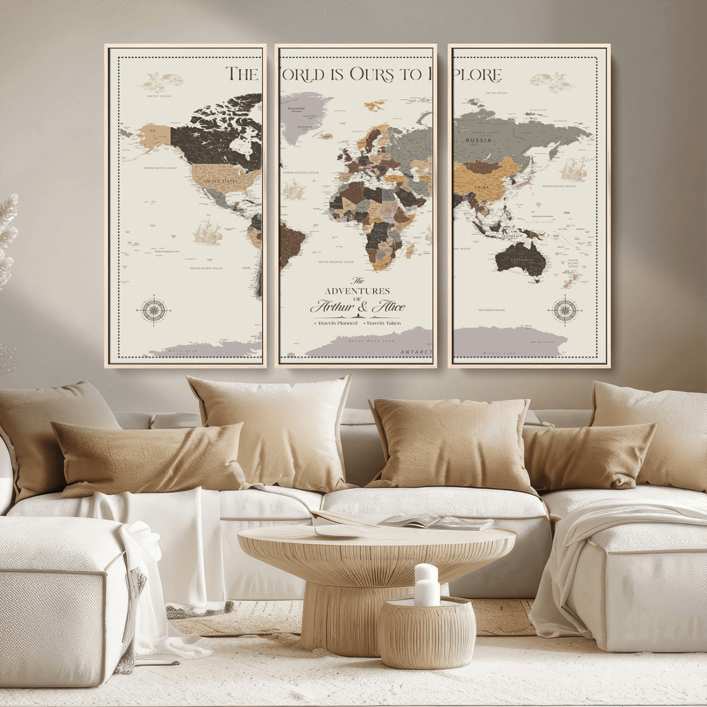 90024882-MGV-CV-36X24-The World is Ours to Explore Wall Art – Earth Tone World Map Canvas Print, Adventure Travel Decor for Living Room, Office or