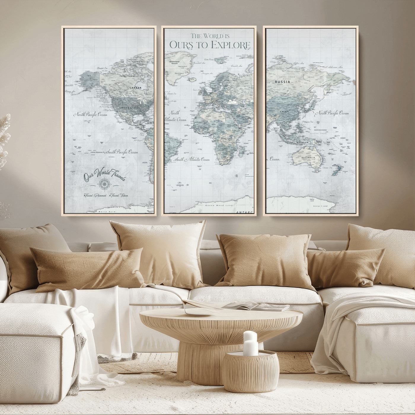 94249974-MGV-FC-48X32-3P_Natural-Ours Explore World Map Wall Art – Modern Travel Canvas Print, Neutral Adventure Decor for Living Room, Office, Study, Bedroom,