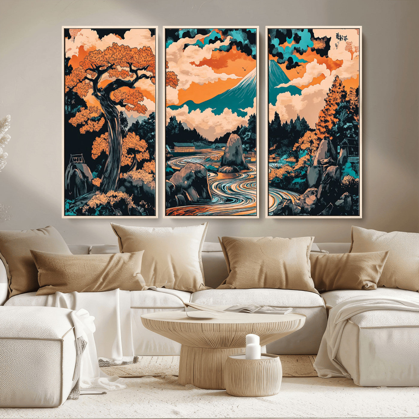 21638941-MGV-FC-48X32-3P_Natural-Japanese Landscape Wall Art – Mount Fuji and Flowing River Ukiyo-e Style Canvas Print, Traditional Japan Inspired Artwork for