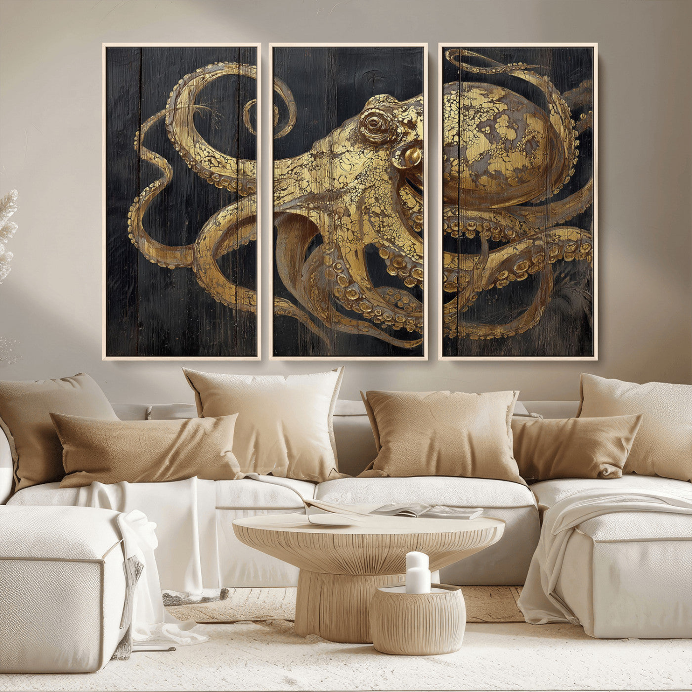 47056538-MGV-FC-48X32-3P_Natural-Octopus Wall Art – Gold Nautical Canvas Print with Rustic Wood Texture, Marine Creature Artwork for Coastal Ocean Decoration in