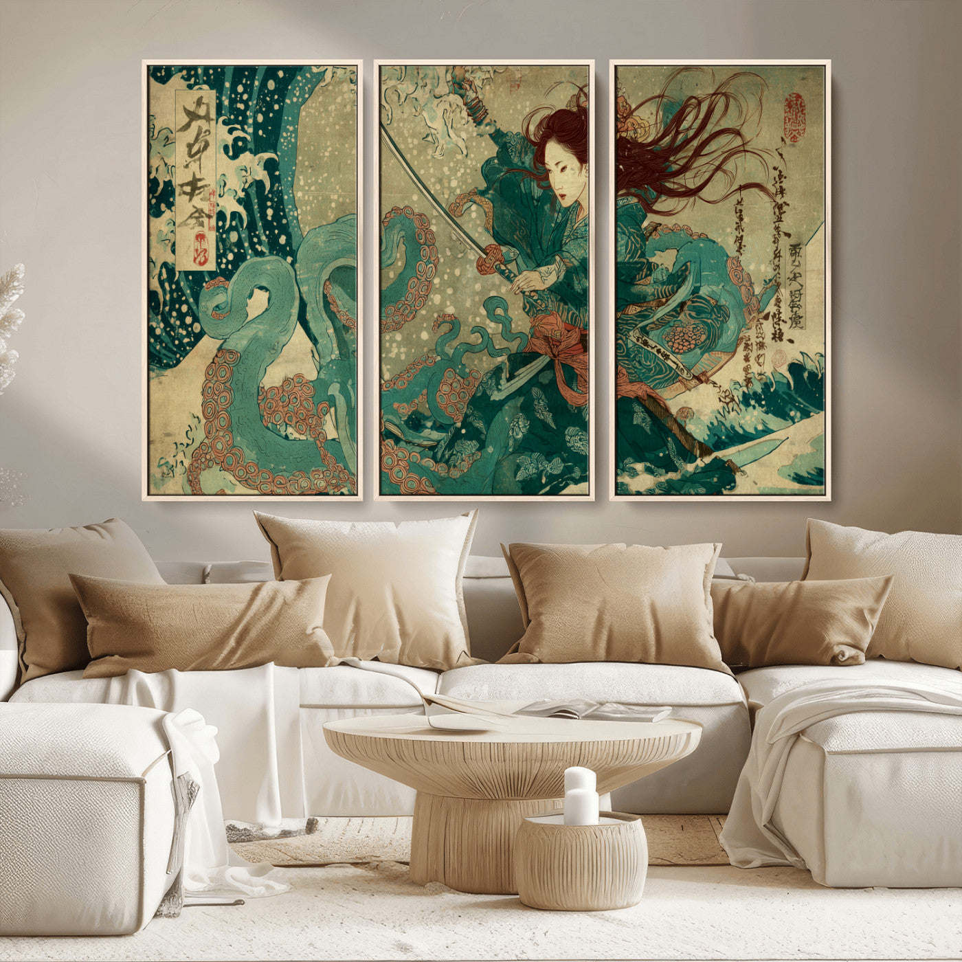 86918027-MGV-CV-36X24-Tsukioka Yoshitoshi Samurai Wall Art Print, Japanese Katana Warrior Canvas Wall Art, Octopus Sea Monster Canvas Print,