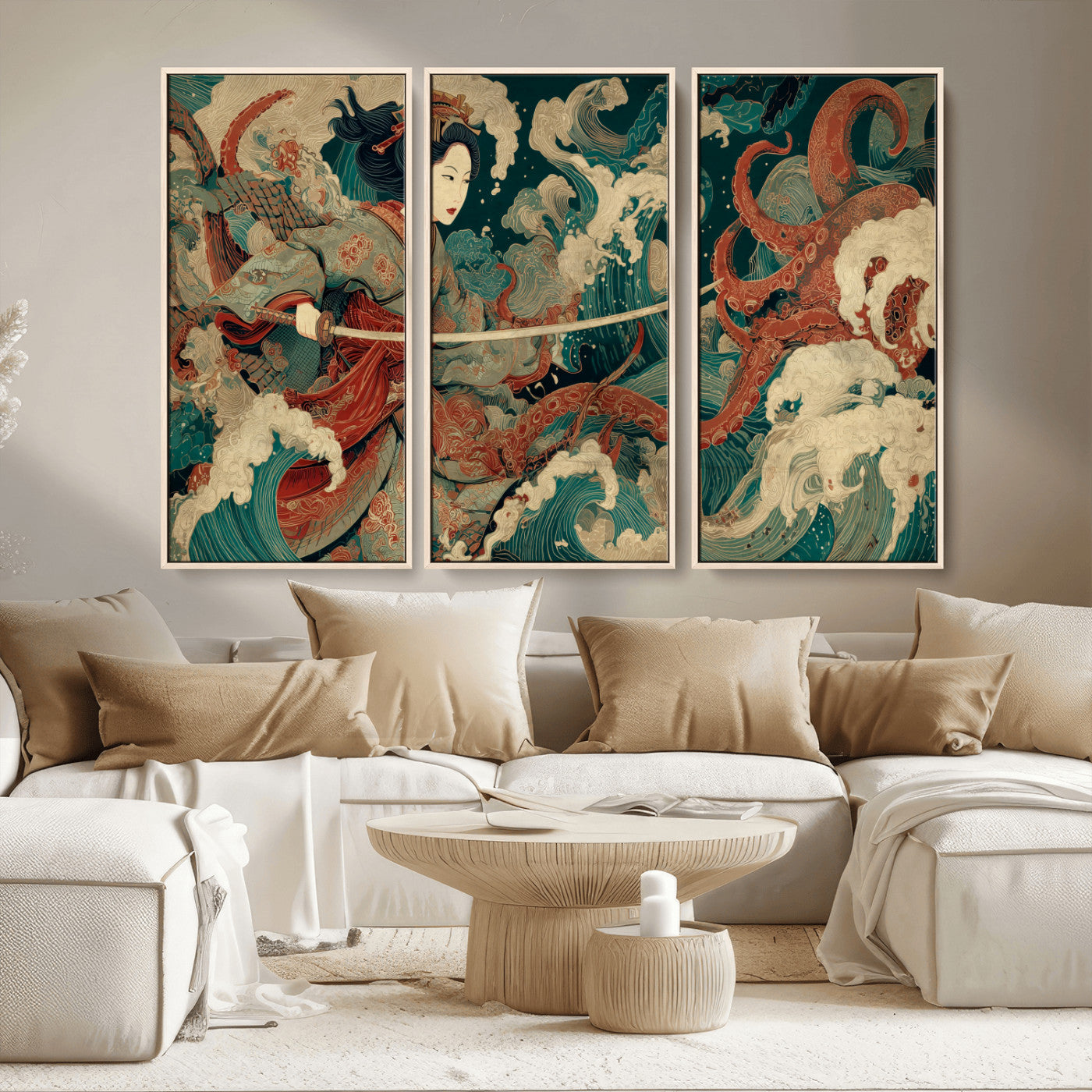 30212982-MGV-CV-36X24-Samurai Woman vs Octopus Wall Art – Japanese Ukiyo-e Style Warrior and Sea Monster Canvas Print, Mythology Inspired Artwork for