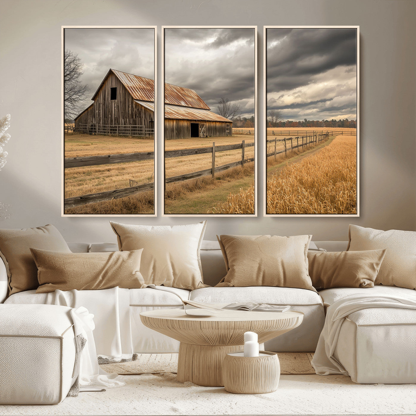 21991117-MGV-CV-36X24-Rustic Barn Wall Art – Weathered Farmhouse Canvas Print, Stormy Sky and Golden Field Photography Decor for Bedroom, Living Room,