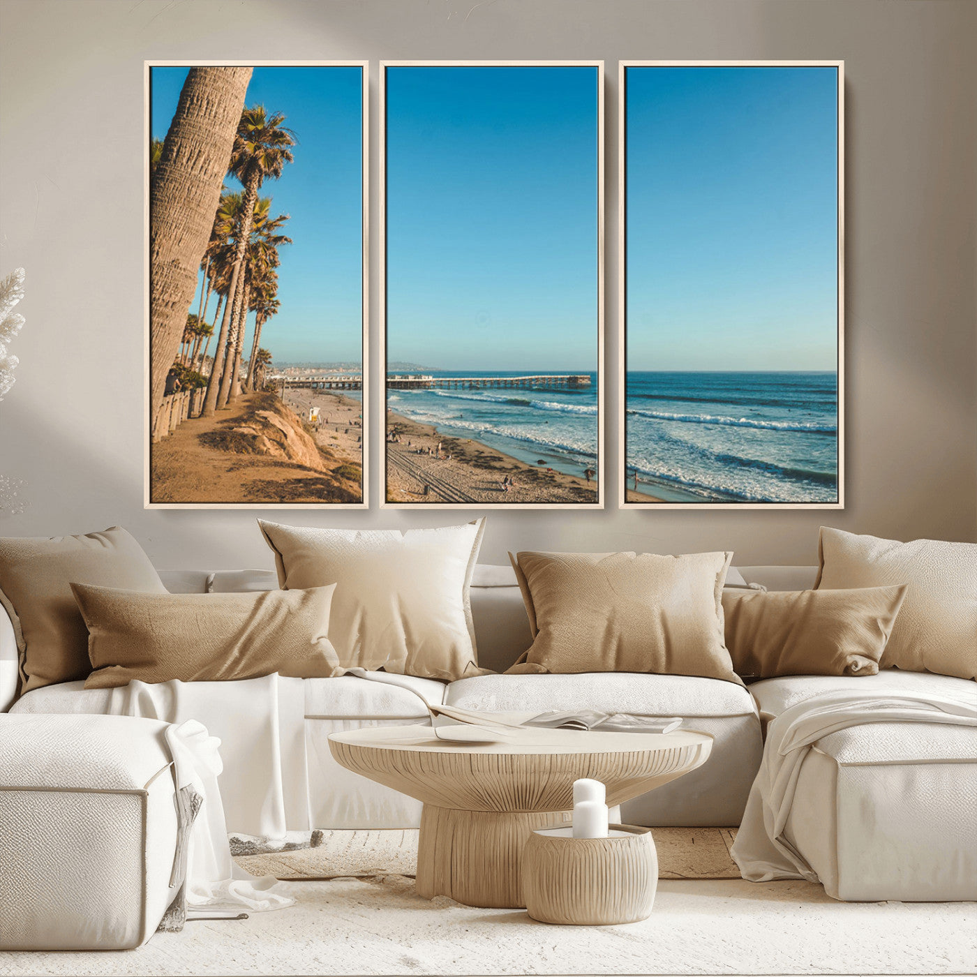 92568259-MGV-CV-36X24-California Beach Wall Art – Palm Tree Pier Canvas Print, Coastal Ocean Photography Seaside Decor for Living Room, Bedroom, Office,