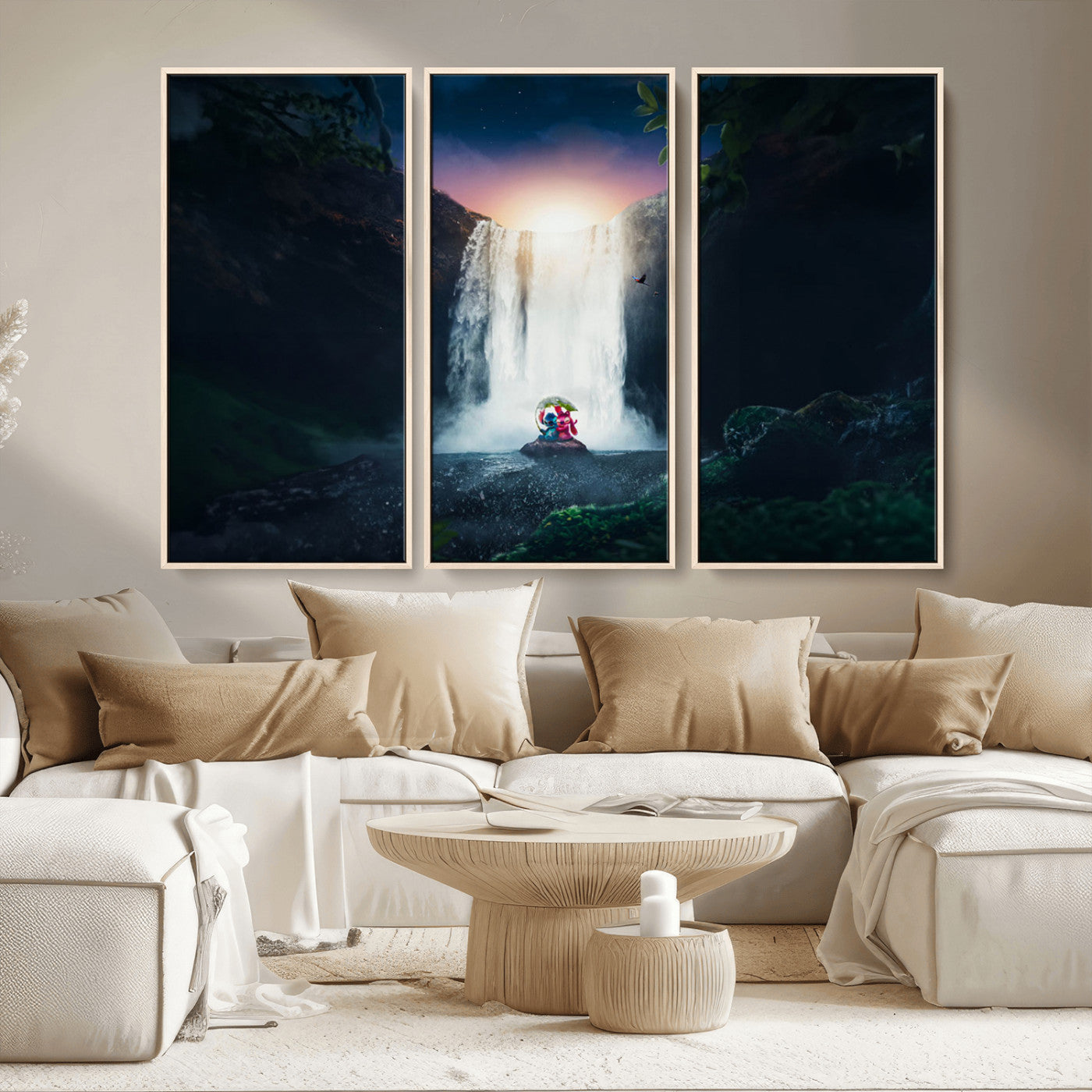 56359-MGV-CV-36X24-Lilo Stitch Wall Art Canvas Print, Framed Stitch Angel Art Picture Print, Cartoon Waterfall Perfect Tropical Fantasy Decor Artwork