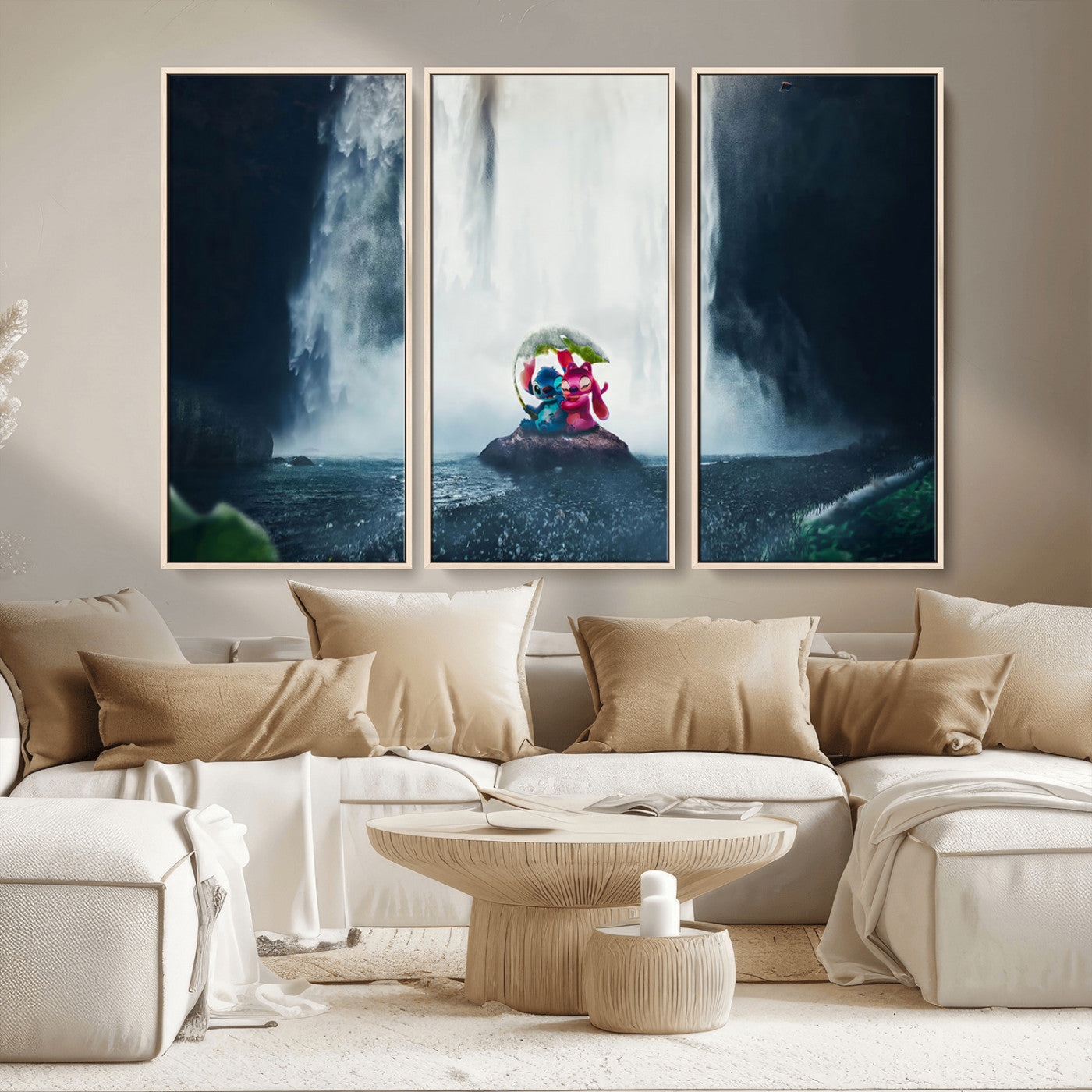 32259-MGV-CV-36X24-Stitch Angel Wall Art Canvas Print, Framed Stitch Waterfall Art Picture Print, Cartoon Couple Perfect Moody Fantasy Decor Artwork
