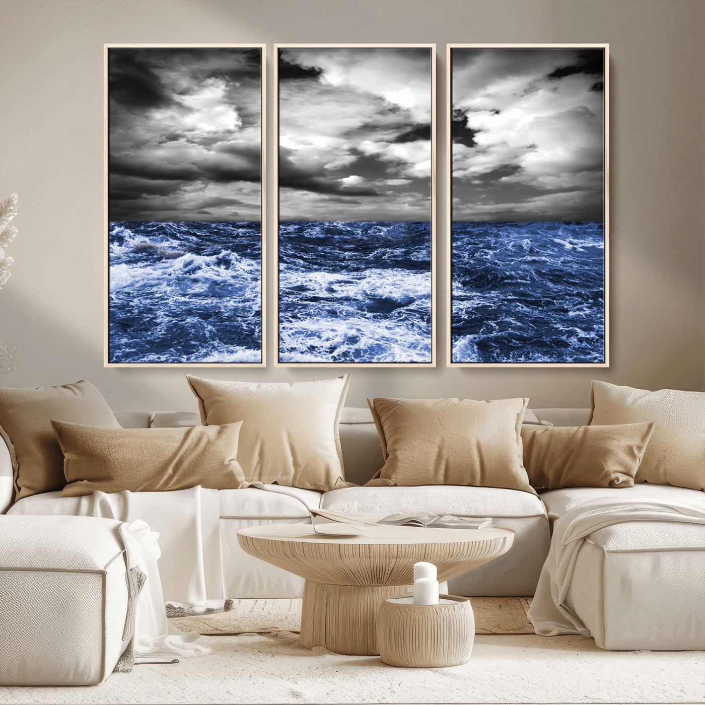 91043-MGV-FC-48X32-3P_Natural-Stormy Ocean Wall Art Canvas Print, Framed Moody Seascape Art Picture Print, Monochrome Sea Perfect Coastal Drama Decor Artwork