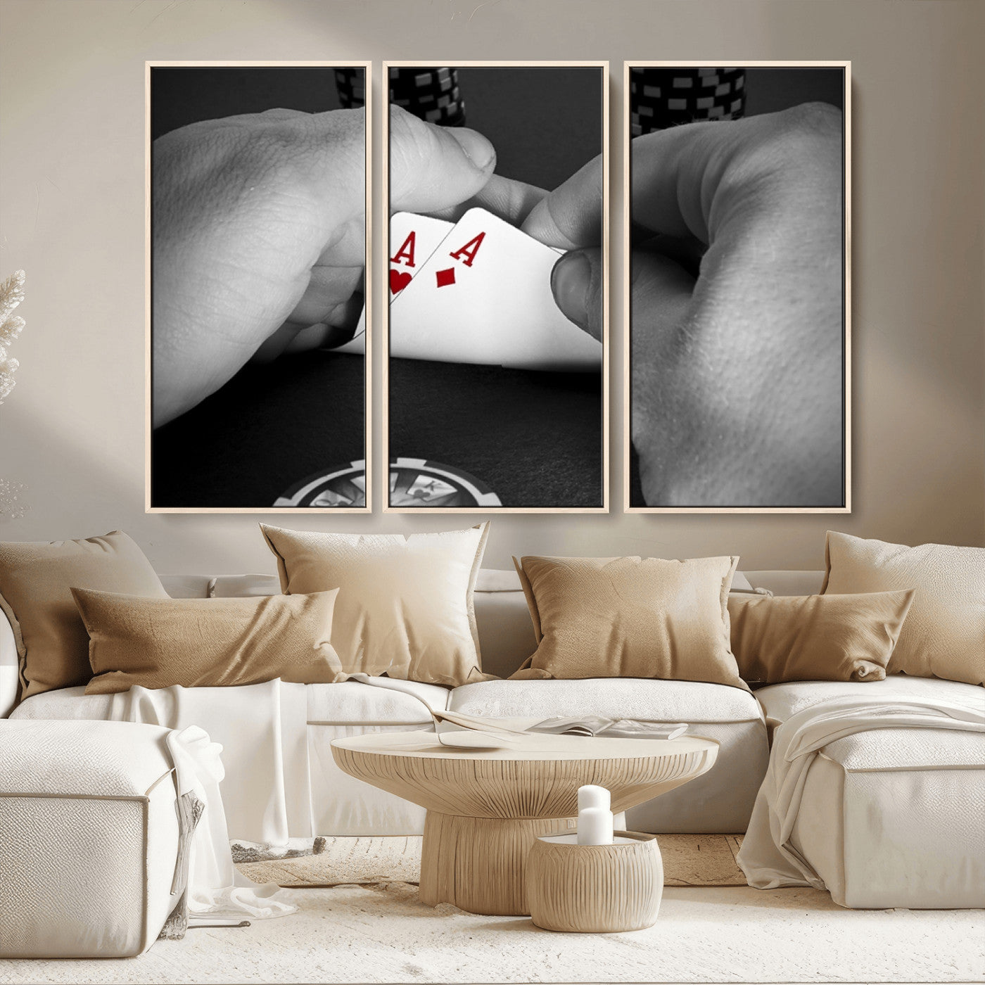 62460-MGV-CV-36X24-Poker Game Wall Art – Close Up of Hands Holding Aces with Chips, Casino Style Decor for Game Room, Man Cave or Office