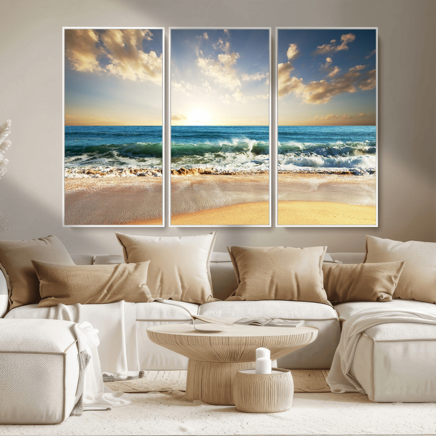 13139-MGV-CV-36X24-Sunrise Beach Wall Art – Ocean Waves and Golden Sand Canvas Print, Coastal Home Decor for Living Room, Bedroom, or Office