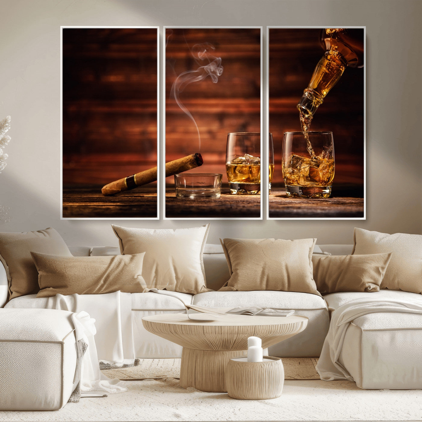 91042-MGV-CV-36X24-Whiskey & Cigar Wall Art – Elegant Whiskey Pour and Smoldering Cigar Canvas Print, Sophisticated Bar or Lounge Decor for Home,