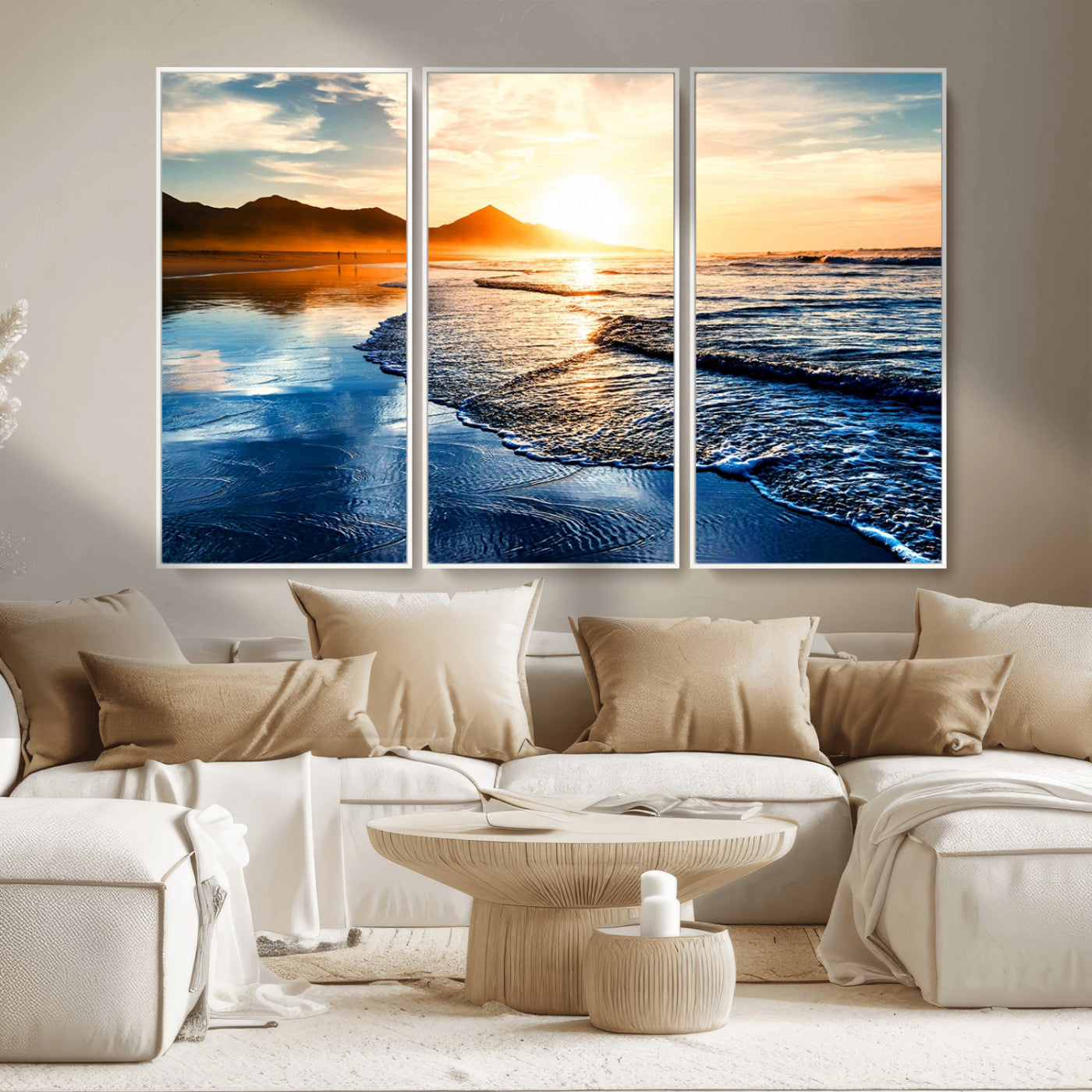 86173-MGV-FC-48X32-3P_White-Golden Sunset Beach Wall Art – Reflective Ocean Canvas Print with Mountains and Waves, Coastal Nature Decor for Living Room,