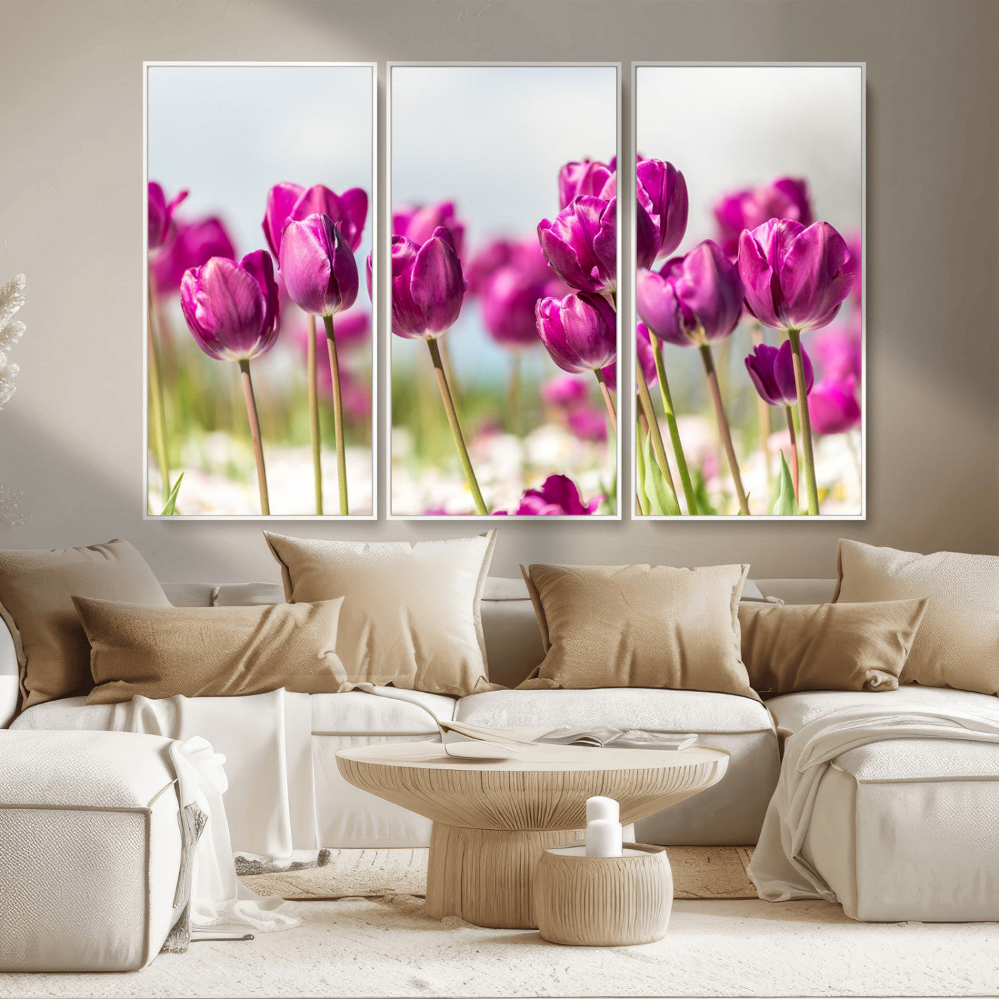 30632-MGV-CV-36X24-Purple Tulip Field Wall Art – Beautiful Spring Flowers Canvas Print with Soft Focus and Bright Sky, Ideal Floral Decor for Home or