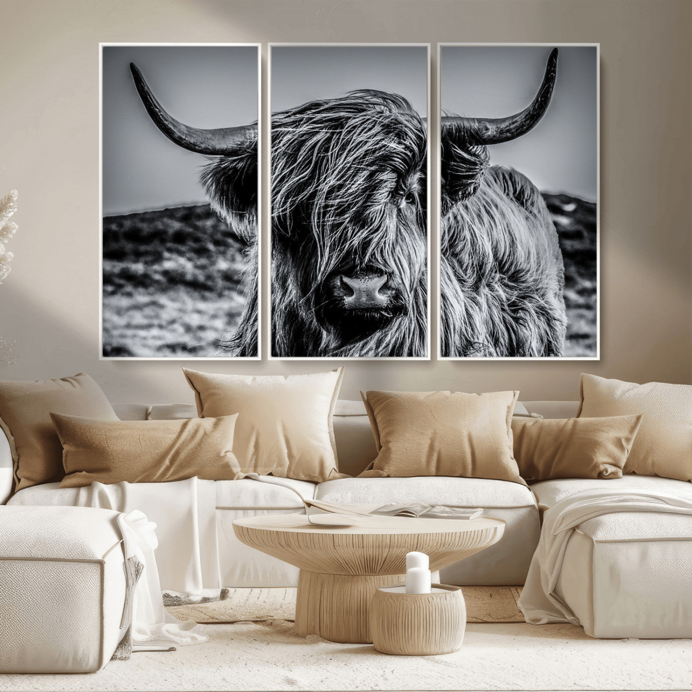 97372-MGV-CV-36X24-Elegant Highland Cow Wall Art – Black and White Canvas Print, Rustic Nature Decor for Home, Office, Living Room or Man Cave