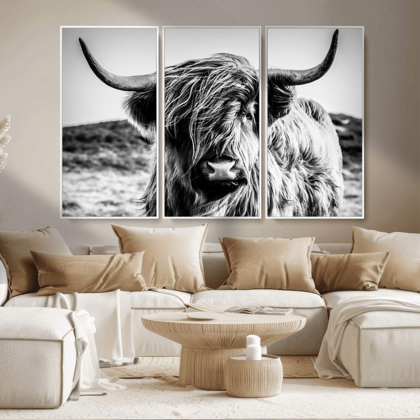 36979-MGV-CV-36X24-Striking black-and-white portrait of a Highland cow with flowing fur and majestic horns, perfect for rustic and elegant home or