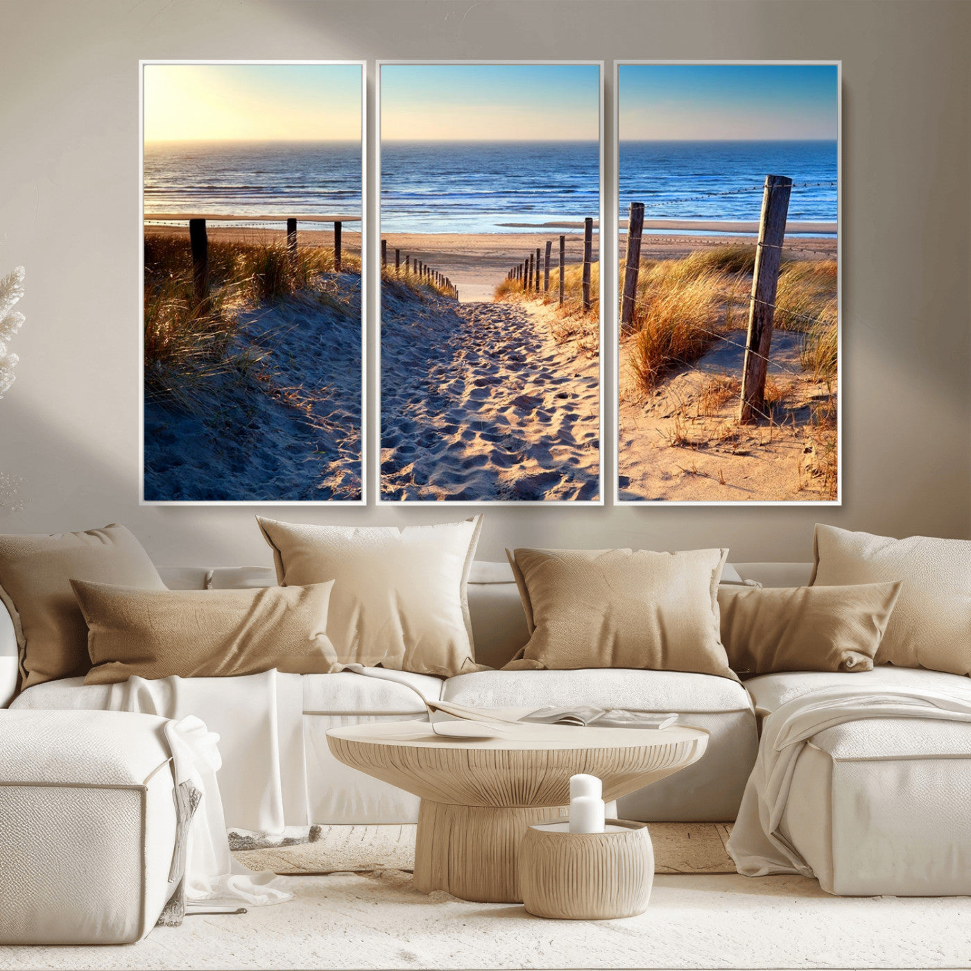 31889-MGV-CV-36X24-Sandy Beach Pathway Wall Art – Coastal Dune Fence and Ocean View Canvas Print, Relaxing Seaside Landscape Decor for Living Room or