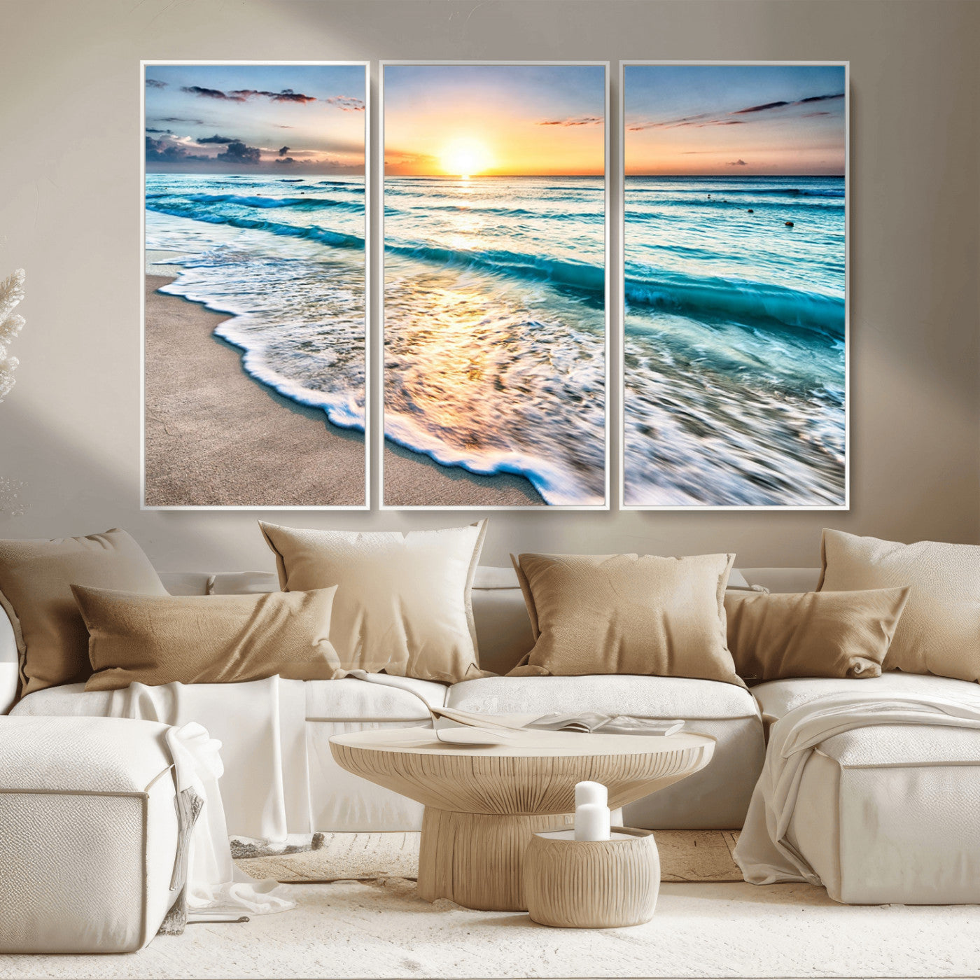 27815-MGV-CV-36X24-Ocean Sunrise Beach Wall Art – Serene Coastal Canvas Print with Waves and Golden Morning Light, Relaxing Seascape Decor for