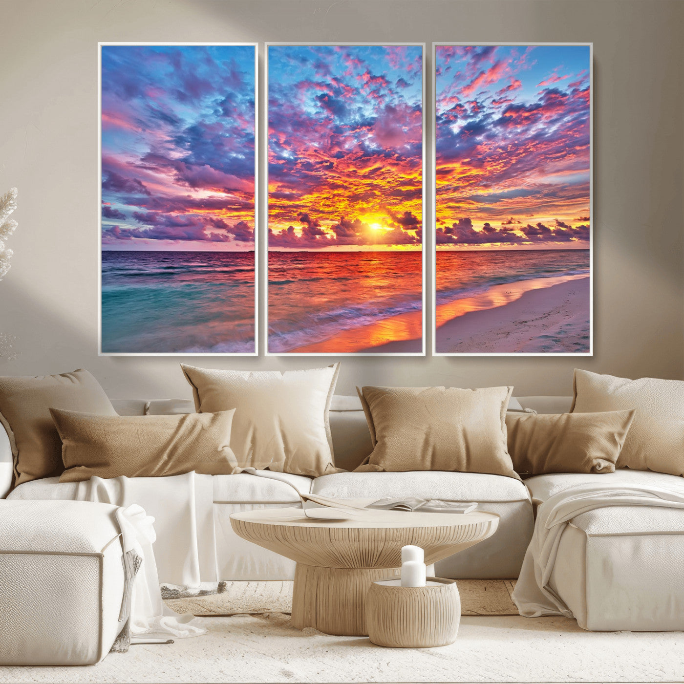 72836-MGV-CV-36X24-Fiery Sunset Beach Wall Art – Panoramic Vibrant Ocean Canvas Print, Dramatic Coastal Decor for Living Room, Bedroom or Office