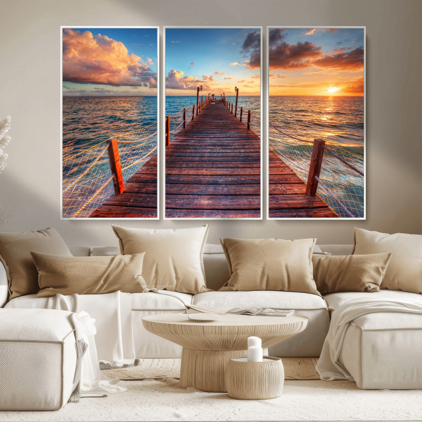 28836-MGV-CV-36X24-Ocean Pier Sunset Wall Art – Wooden Dock and Golden Horizon Canvas Print, Coastal Seascape Photography for Living Room, Bedroom,