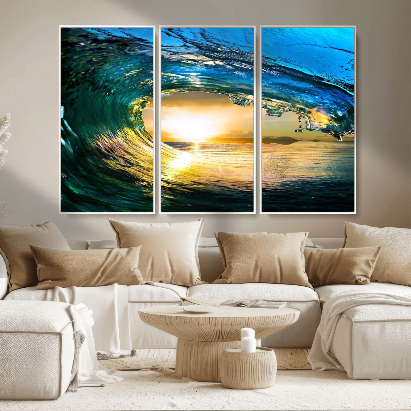 19378-MGV-CV-36X24-Ocean Wave Sunset Wall Art – Vibrant Surf and Golden Horizon Canvas Print, Coastal Seascape Photography for Living Room, Bedroom,