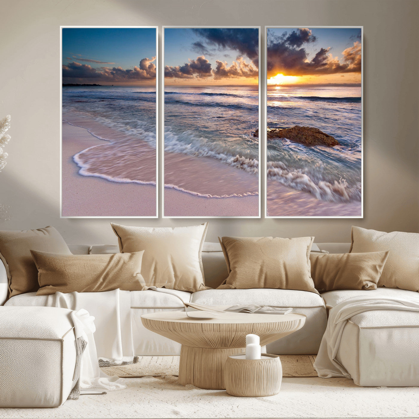 94906-MGV-CV-36X24-Sunrise Beach Wall Art – Panoramic Ocean Waves Canvas Print, Coastal Sunset Seascape Artwork for Living Room, Bedroom, or Office