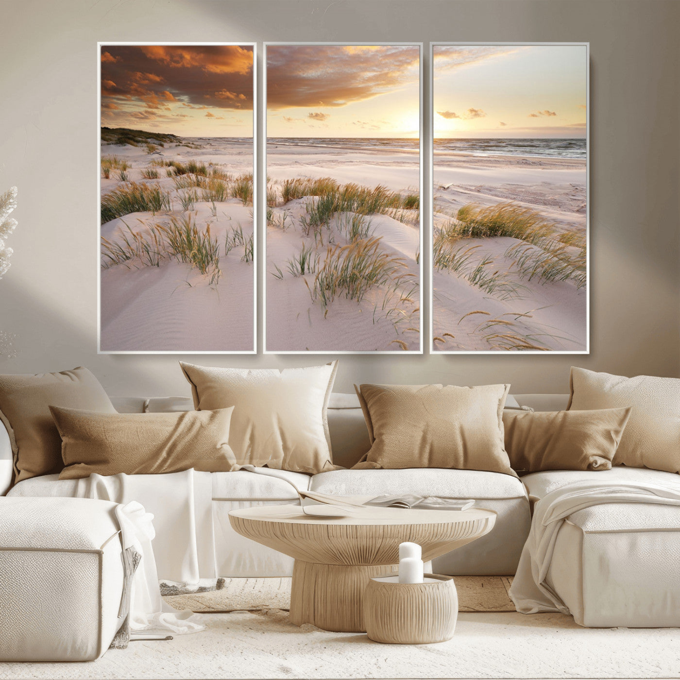 61246-MGV-CV-36X24-Coastal Sand Dunes Wall Art – Serene Beach Sunset Canvas Print with Grasses and Ocean View, Tranquil Seaside Decor for Living Room