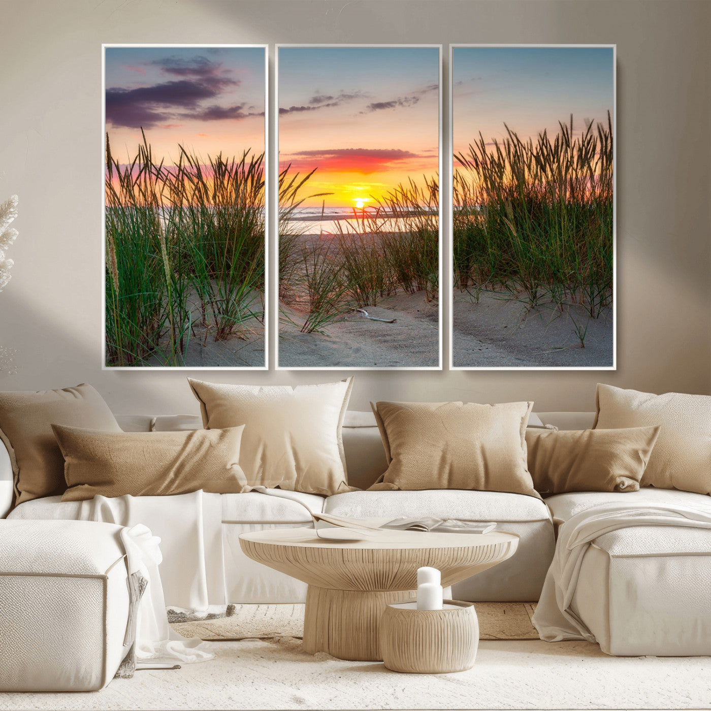 25576-MGV-CV-36X24-Beach Grass Sunset Wall Art – Coastal Sand Dune Landscape Canvas Print, Ocean View Nature Decor for Living Room or Office Wall