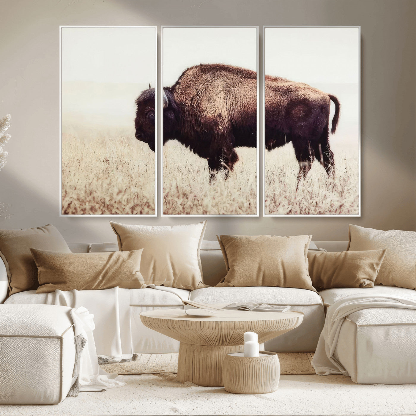48406-MGV-CV-36X24-American Bison Wall Art – Rustic Buffalo Canvas Print in Prairie Field, Western Wildlife Photography Decor for Cabin, Lodge,