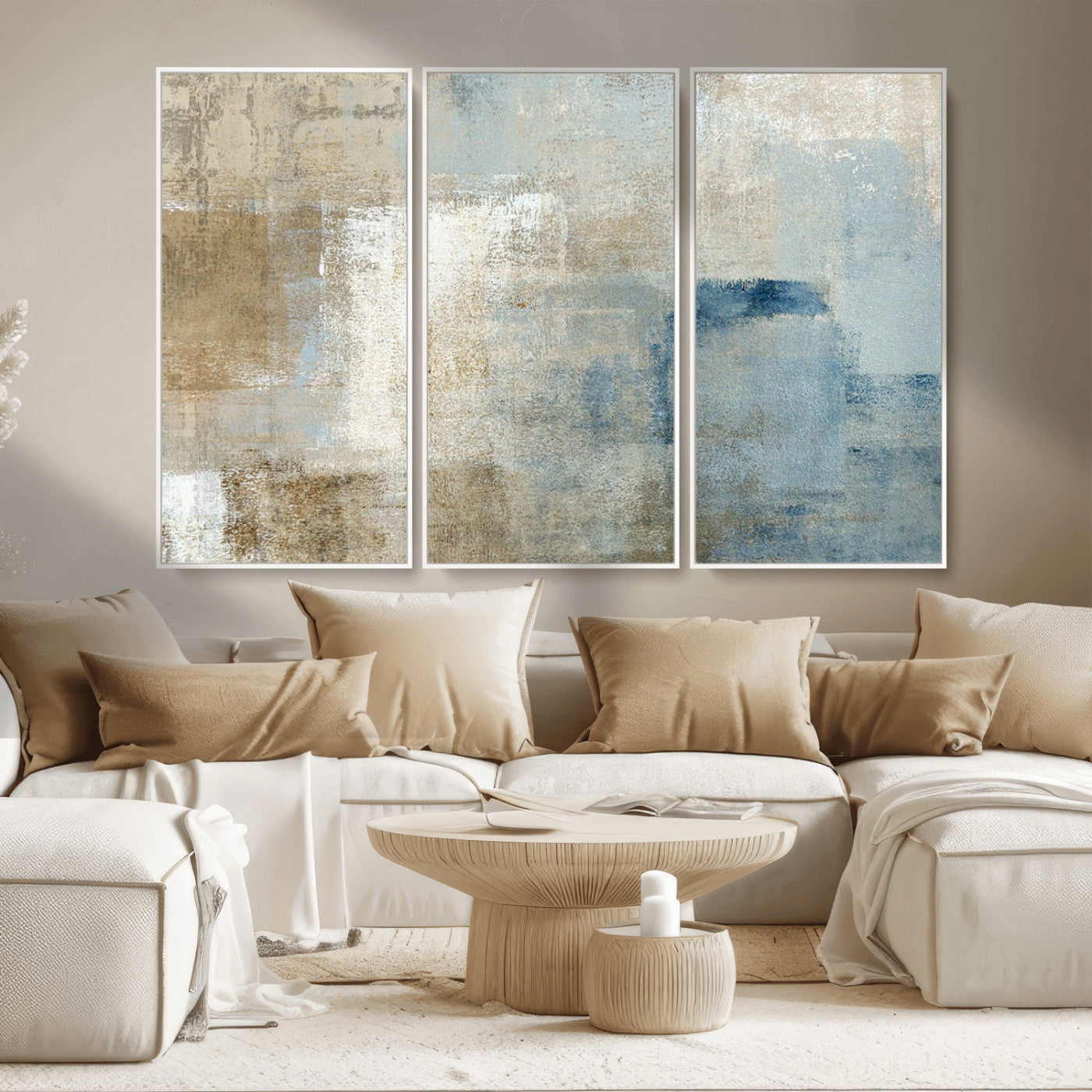 38126-MGV-CV-36X24-Neutral Abstract Wall Art – Modern Beige and Blue Canvas Print and Minimalist Textured Painting for Living Room, Bedroom or Office