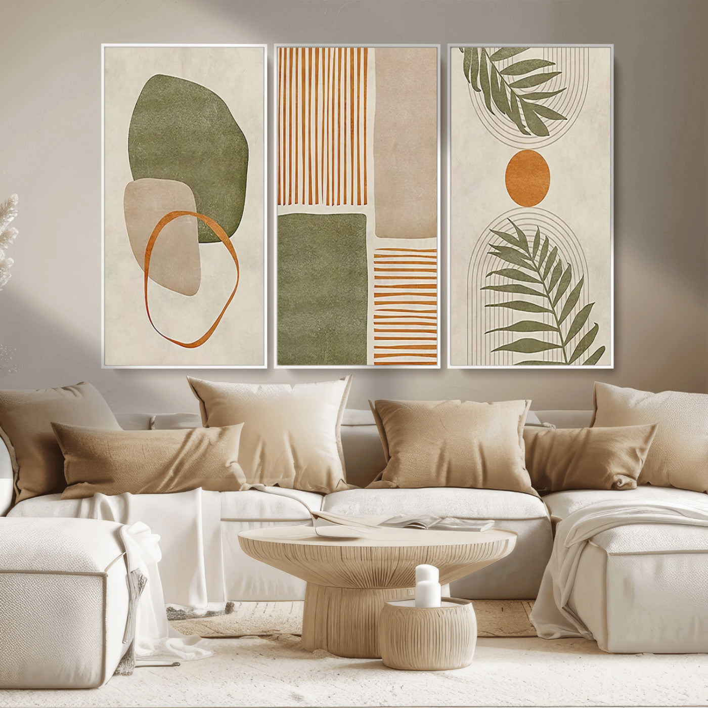 96002-MGV-CV-36X24-Abstract Geometric Wall Art – Modern Canvas Print with Green, Orange & Beige Shapes, Minimalist Home Decor for Living Room, Office