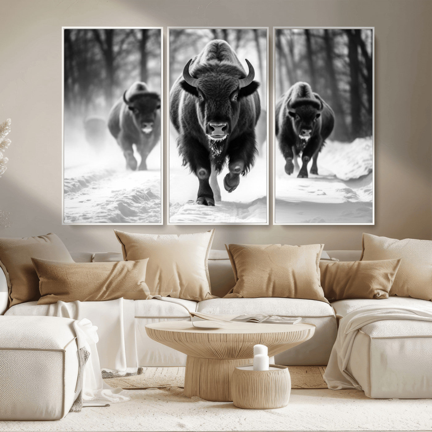 97552-MGV-CV-36X24-Black and White Bison Wall Art – Buffalo Herd Running in Snow Canvas Print, Rustic Wildlife Photography Decor for Cabin, Lodge, or