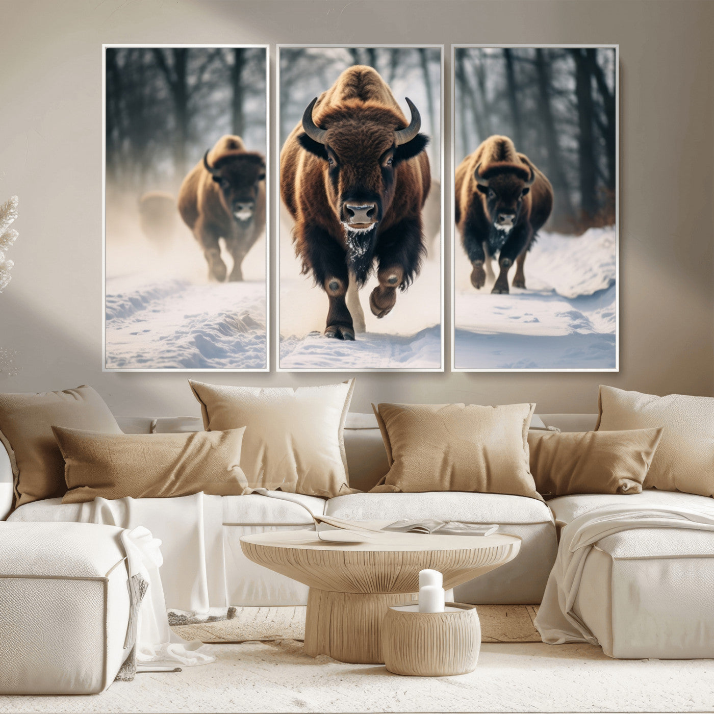 56549-MGV-CV-36X24-Wild Bison Wall Art – Majestic Buffalo Herd Running in Snow Canvas Print, Rustic Wildlife Photography Decor for Cabin, Lodge, or