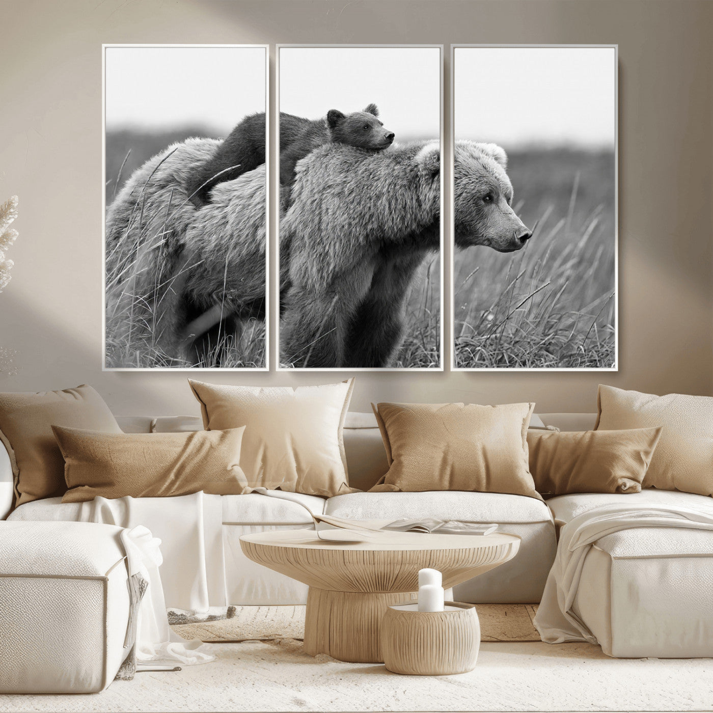 76338-MGV-CV-36X24-Mother Bear and Cub Wall Art – Black and White Wildlife Canvas Print, Rustic Nature Photography for Cabin, Living Room or Office