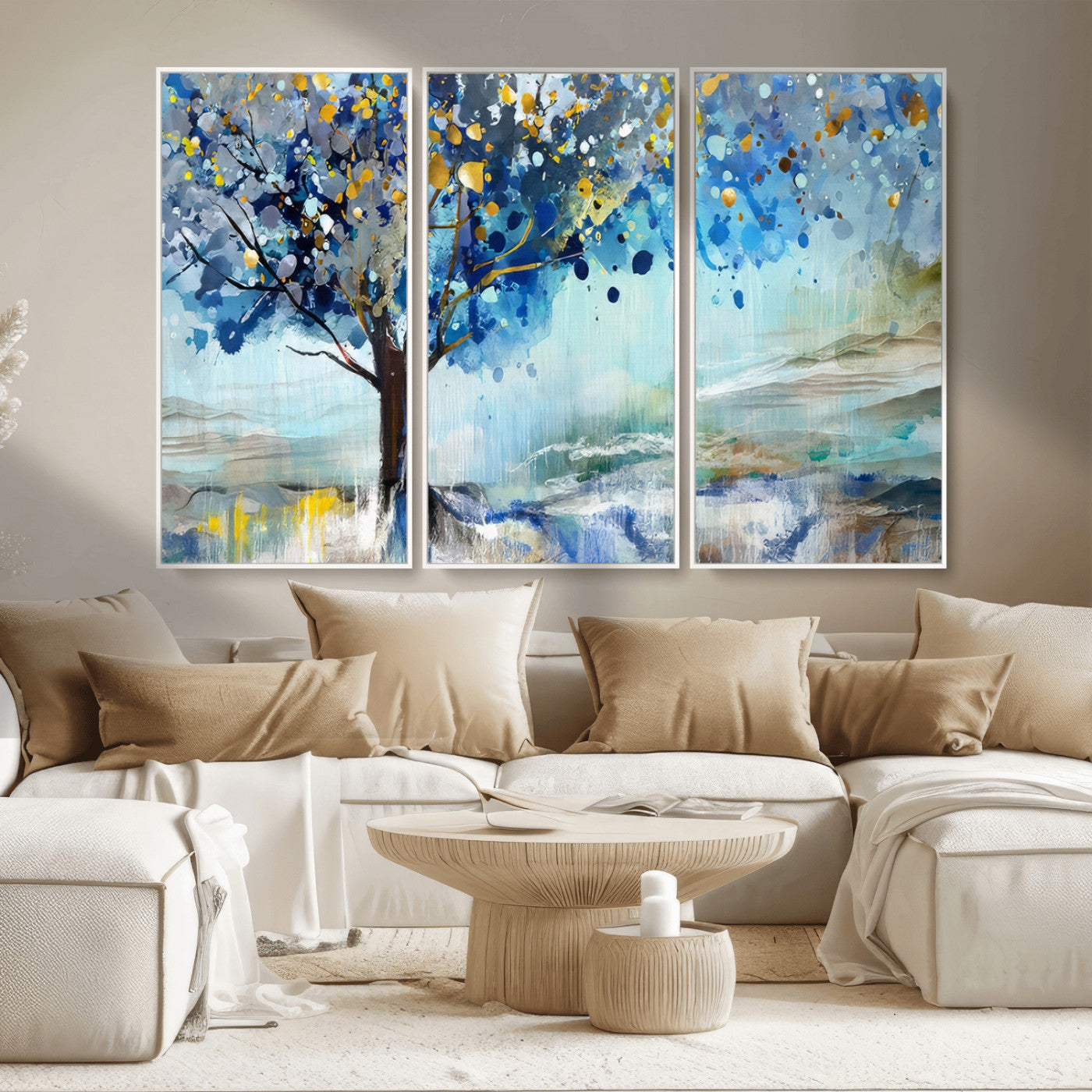 17018-MGV-CV-36X24-Abstract Blue Tree Wall Art – Colorful Canvas Painting with Gold and Silver Accents, Modern Nature Artwork for Living Room,