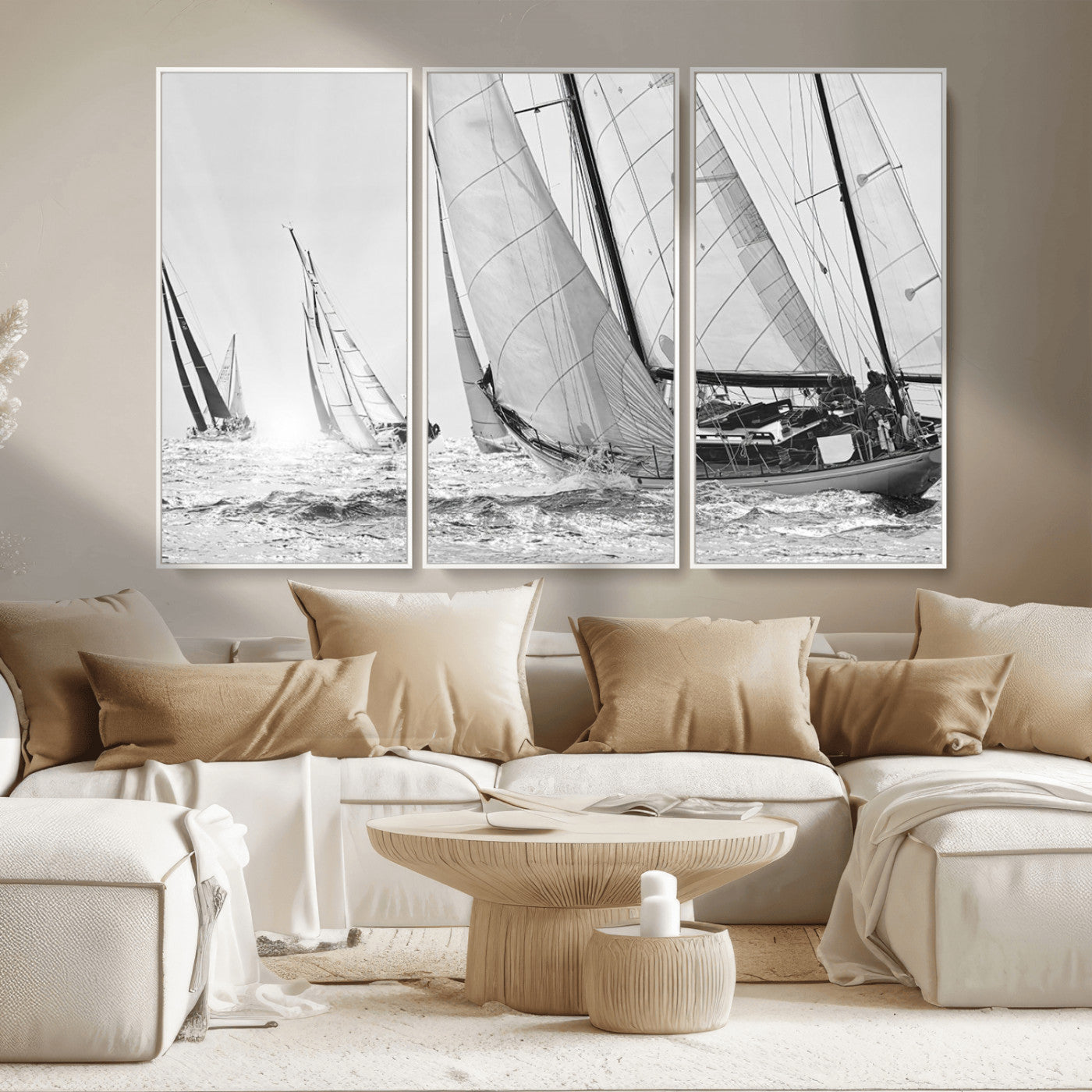 Boat-1-MGV-CV-36X24-Sailboat Racing Wall Art – Nautical Black and White Canvas Print, Ocean Adventure Decor for Office, Living Room or Bedroom