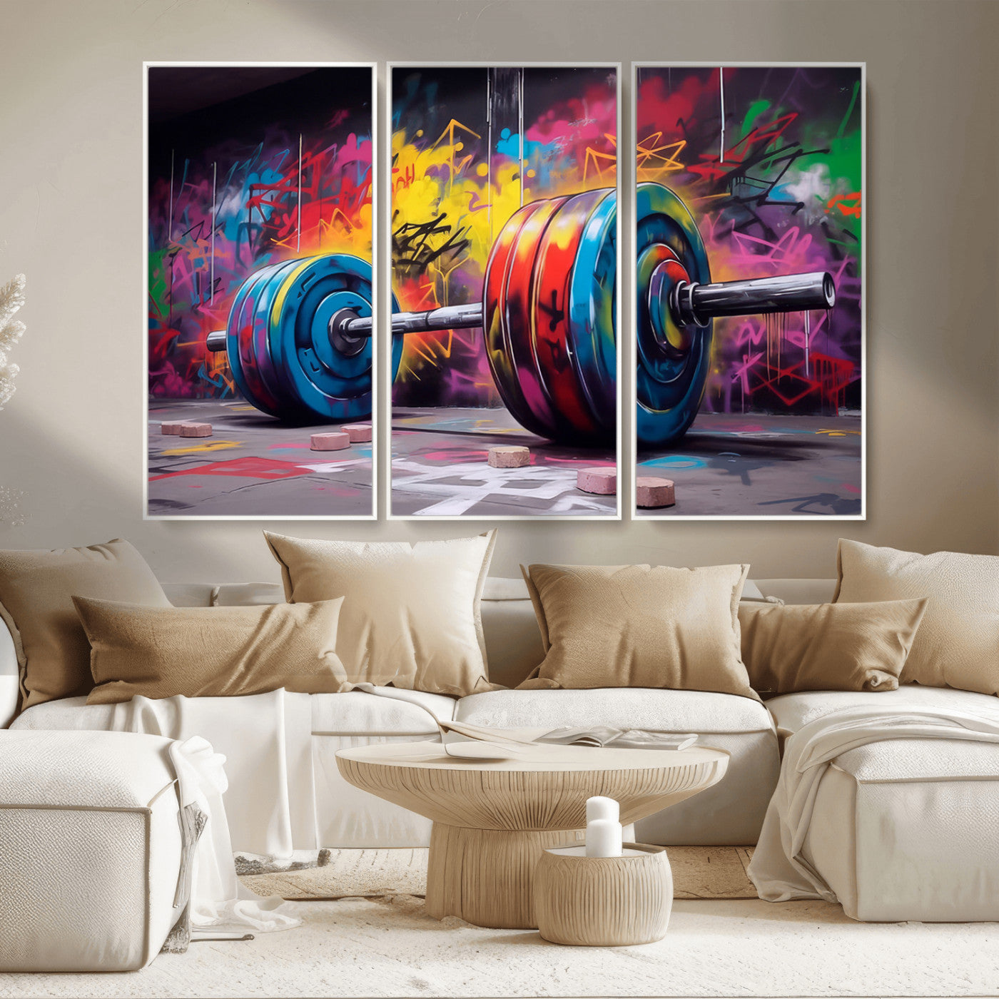 13549-MGV-CV-36X24-Graffiti Gym Wall Art Canvas Print, Framed Graffiti Barbell Art Picture Print, Weightlifting Perfect Fitness Studio Decor Artwork