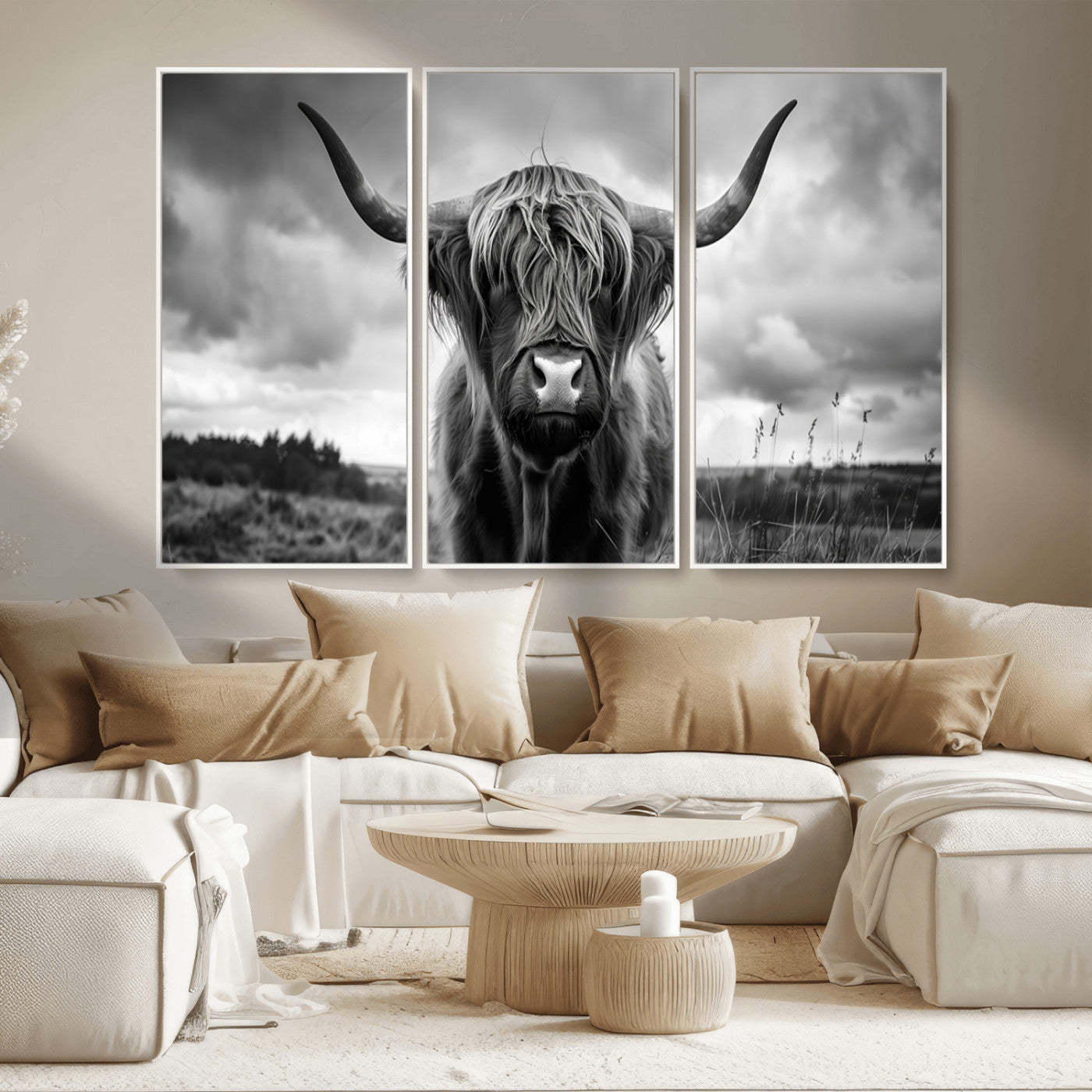 17924-MGV-CV-36X24-Highland Cow Wall Art – Black and White Rustic Longhorn Cattle Canvas Print, Farmhouse Animal Photography Decor for Country Home