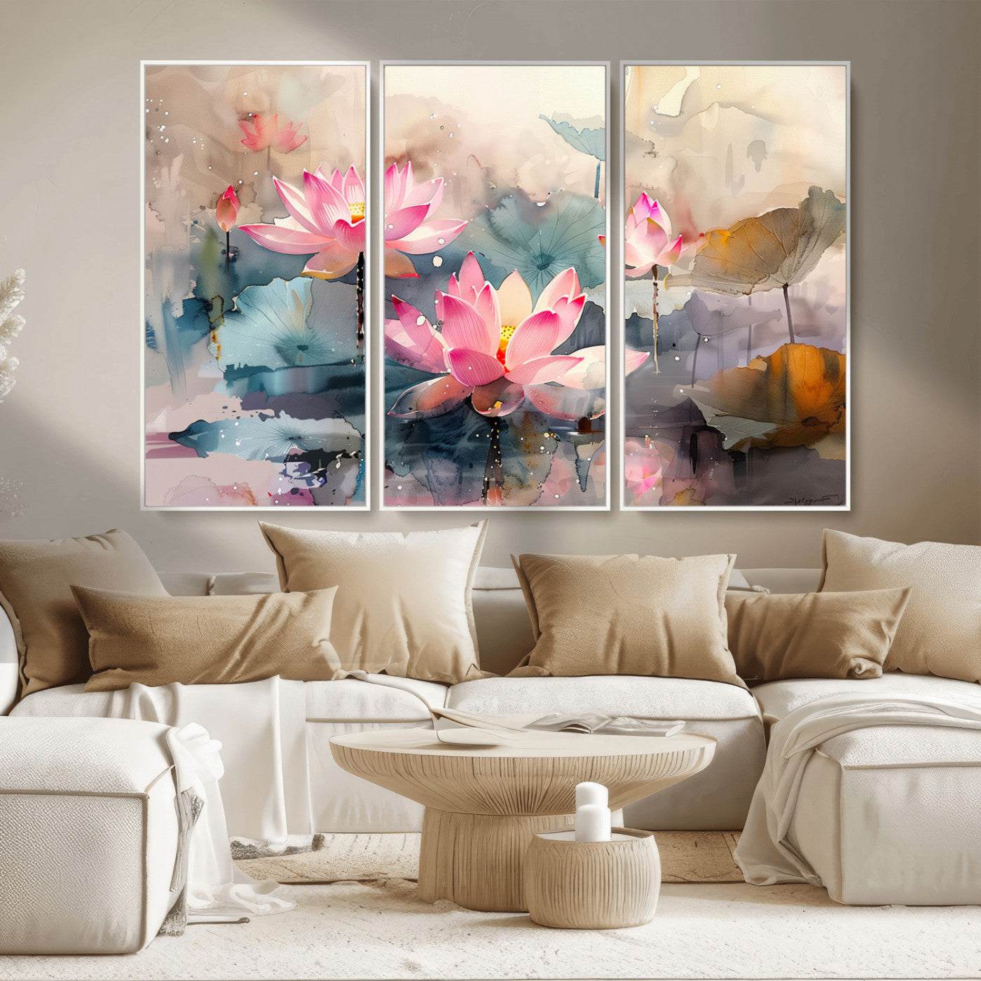27936-MGV-CV-36X24-Lotus Pond Wall Art – Watercolor Pink Lotus Flowers Canvas Print, Tranquil Botanical Artwork for Bedroom, Living Room or
