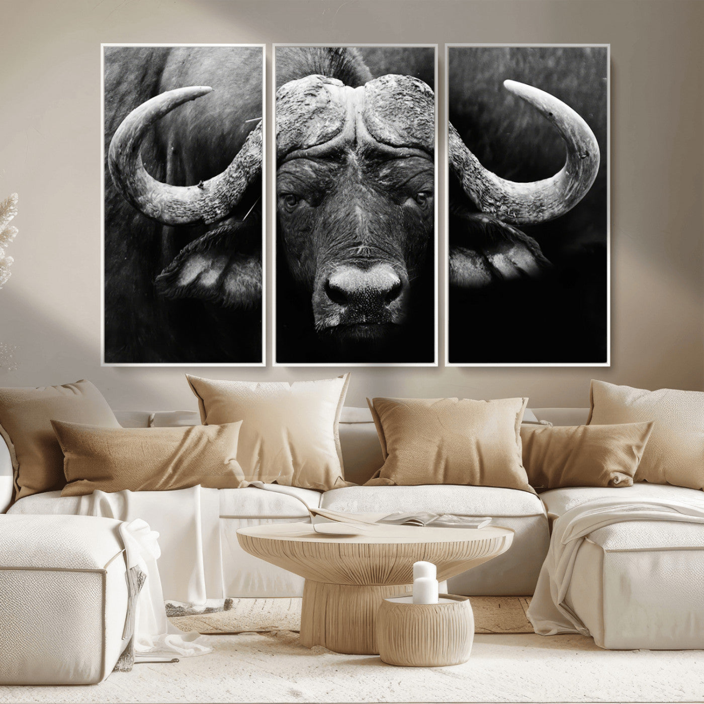 75273-MGV-CV-36X24-Buffalo Wall Art – Black and White African Buffalo Canvas Print, Rustic Wildlife Animal Artwork for Farmhouse, Living Room,