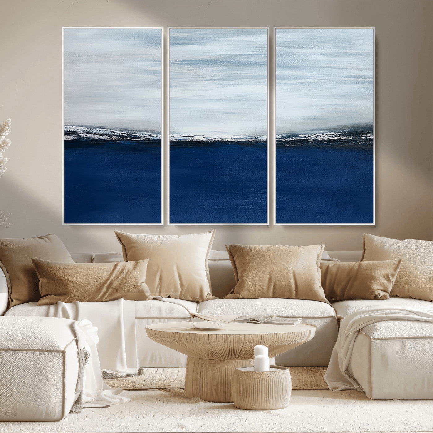 62197-MGV-CV-36X24-Abstract Ocean Wall Art – Minimalist Blue and White Canvas Print, Modern Coastal Seascape Painting for Bedroom, Living Room or