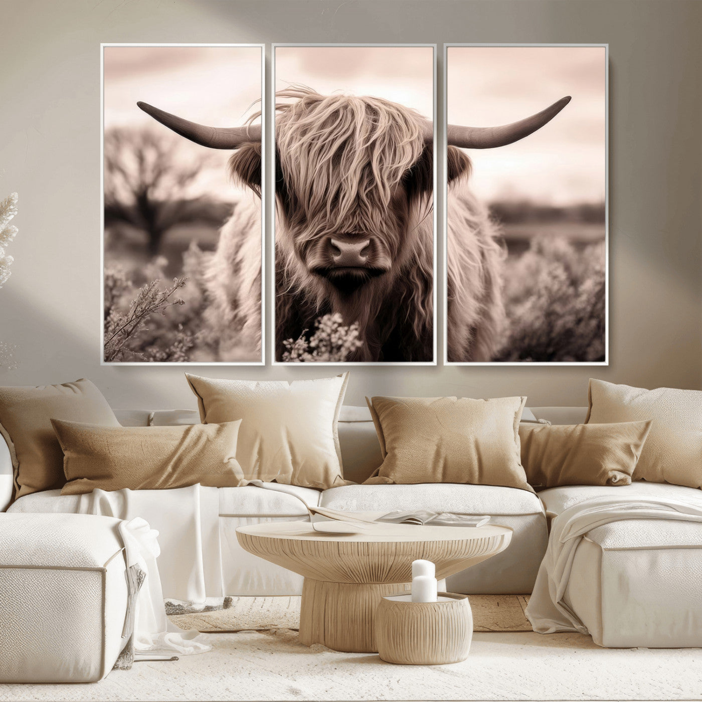 55903-MGV-CV-36X24-Highland Cow Wall Art – Rustic Sepia Scottish Highland Bull Canvas Print, Farmhouse Country Animal Decor for Living Room, Bedroom