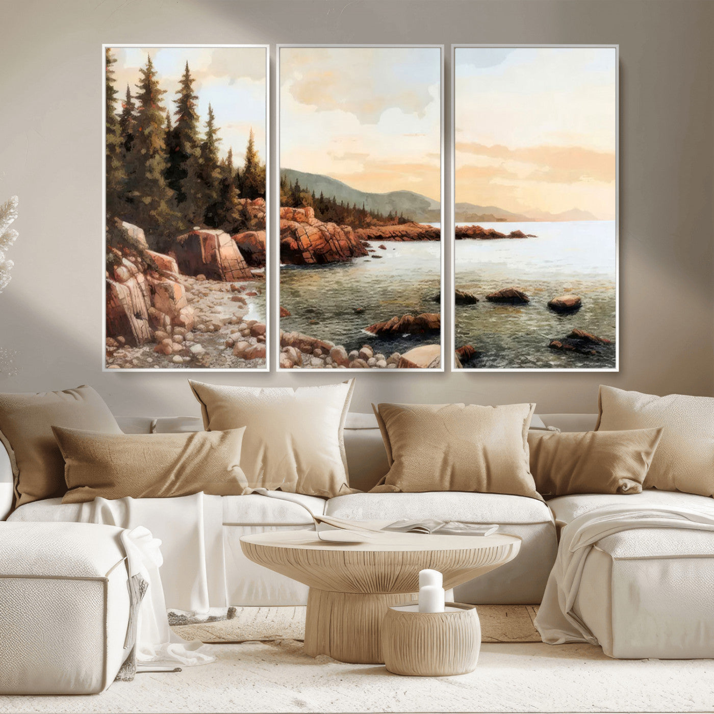 77145-MGV-CV-36X24-Coastal Landscape Wall Art – Panoramic Rocky Shoreline and Pine Trees Canvas Print, Rustic Nature Decor for Cabin, Lodge, Office,